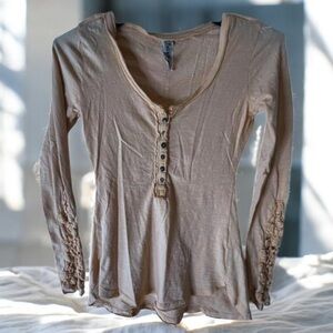 Free People Crochet Sleeve‎ Mock Neck Top Womens S